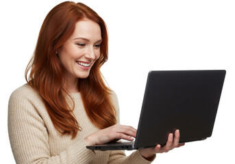 Naklejka premium Portrait of woman holding laptop and watching media with happy smile, sharing web content isolated on White background
