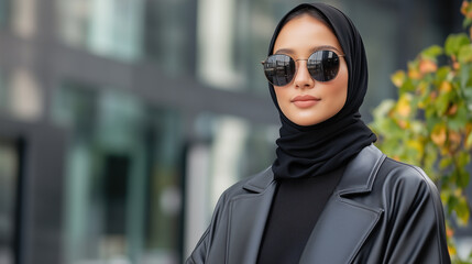 A confident and fashionable Muslim woman poses in an urban setting, showcasing a bold fusion of modesty and style. She wears a flowing black abaya combined with an edgy black leath