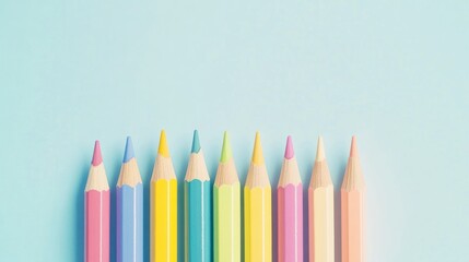 Pastel colored pencils arranged in a row on a light blue background.  Possible use Children's art supplies or stationery