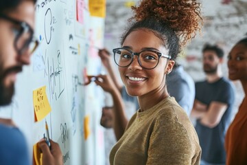 A team of designers brainstorming ideas on a whiteboard, collaborative creativity