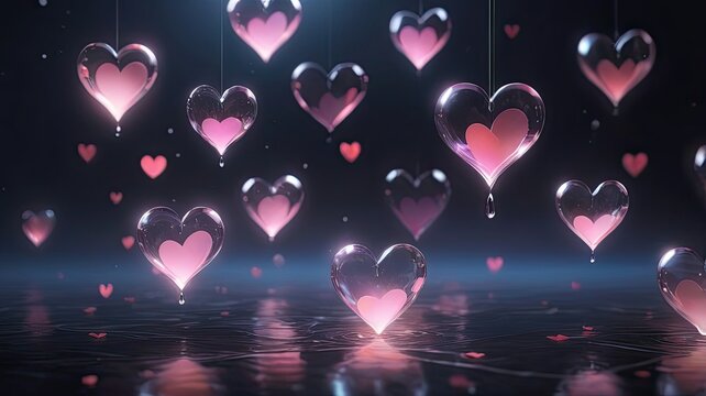 Hanging heart shapes with vibrant colors gently sway in a dimly lit setting enhancing the romantic vibe suitable for anniversaries or festive events