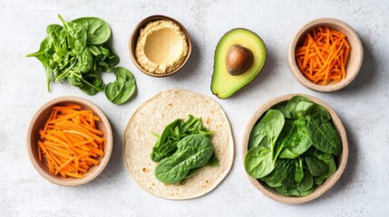 Healthy Wrap Ingredients: An overhead shot of vibrant, fresh ingredients arranged for creating a wholesome wrap, showcasing the beauty of natural food.
