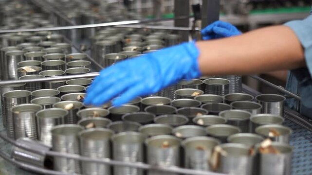 Canned fish manufacturing plant. Industrial machinery is working in a canned food processing plant.