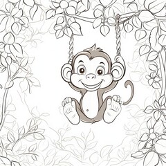 Playful Monkey on Swing: A cheerful cartoon monkey joyfully swings from a rope swing, surrounded by lush foliage, creating a charming scene of youthful fun and playful adventure.