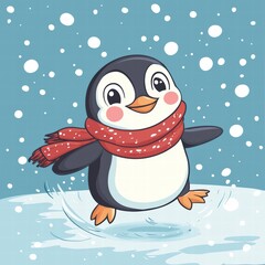 Fototapeta premium Cheerful Penguin in Winter: An adorable cartoon penguin joyfully dances in a snowy winter scene, wearing a cozy red scarf, embodying the spirit of winter fun and cheer.