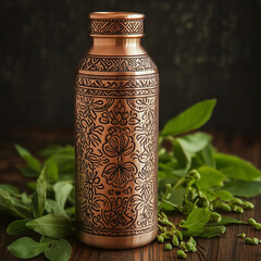 A luxurious copper water bottle with intricate Indian patterns, placed on a wooden table surrounded by fresh tulsi leaves, soft natural lighting, elegant and refined