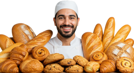 A cheerful baker stands proudly amidst a variety of freshly baked breads and pastries. The display showcases croissants, cookies, and loaves, highlighting the joyous atmosphere of a bakery
