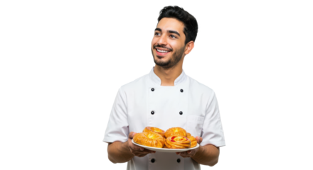 A young baker stands proudly, holding a plate of freshly baked pastries while smiling. His white chef uniform contrasts with the transparent background, highlighting his joy and the treats