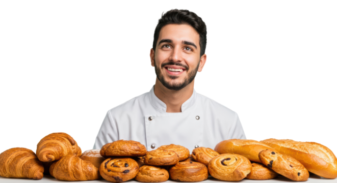 A joyful baker proudly showcases a variety of freshly baked breads and pastries. His cheerful expression highlights the artistry and passion behind his craft in a bakery setting