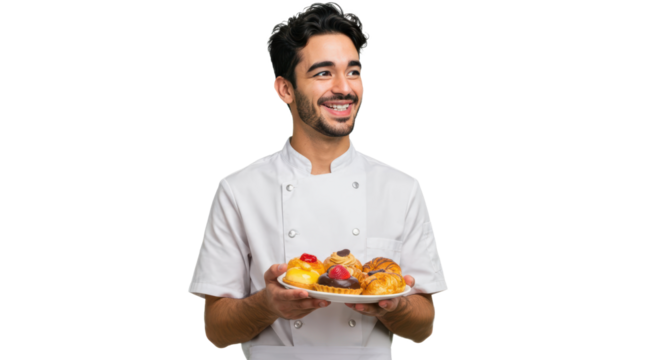A joyful chef holds a plate filled with various delicious pastries, showcasing culinary skills and artistry. His attire is clean, emphasizing professionalism in a bakery setting