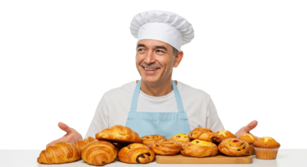 A skilled baker stands with a wide smile, showcasing an assortment of delicious pastries laid out before him. The scene captures the warmth and joy of baking