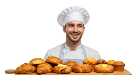 A skilled baker shows an array of freshly made pastries, including croissants and muffins, smiling happily in a professional kitchen. The display is inviting and appetizing