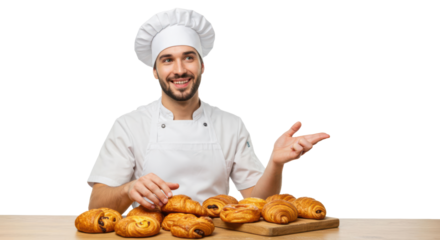 A skilled baker proudly presents a variety of delicious pastries arranged on a wooden board. His cheerful demeanor highlights the art of baking in a bright and clean environment