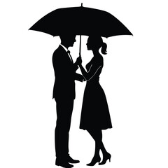 a couple standing under an umbrella. The couple is facing each other and their faces are close together, with the man's arm around the woman's waist. The woman is holding the umbrella above her head, 
