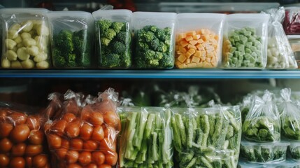 Neatly organized plastic bags and containers showcase an array of vibrant vegetables, including broccoli, celery, and tomatoes, all stored for easy access and freshness in a refrigerator