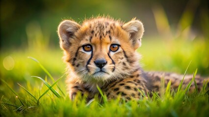 Obraz premium A Serene Cheetah Cub Resting in a Lush Green Meadow, Bathed in the Warm Glow of Golden Sunlight, Its Captivating Gaze Fixed on the Viewer