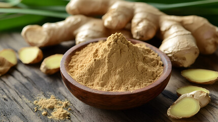 Fototapeta premium Fresh whole ginger root with ground powder in the background