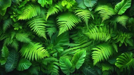 Fototapeta premium Lush green foliage wall, a vibrant display of tropical plants