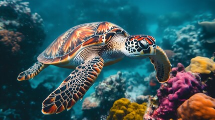 Obraz premium Vibrant coral reef habitat with a sea turtle gracefully swimming through colorful underwater life