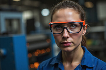 Fototapeta premium Close-up Portrait of an Italian Female Factory Worker Wearing Safety Goggles