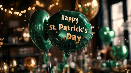  Green St. Patrick’s Day balloon with golden decorations, glowing party lights, festive atmosphere, joyful celebration, Irish holiday spirit.