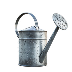 A watering can after the rain : A weathered metallic watering can glistening with droplets of water, showcasing its functionality with the classic sprinkler head.