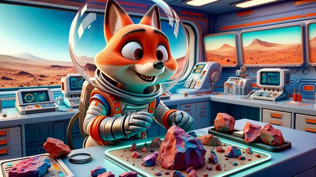 Fuchs als Astronaut steuert ein Raumschiff