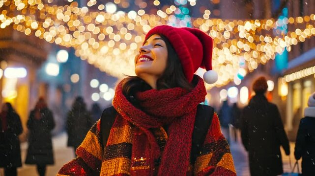 Joyful young woman appreciating the snowy winter atmosphere illuminated by festive lights in the city