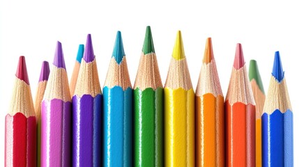 Colorful pencils arranged closely together on white background. Possible use for education or art supplies