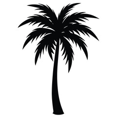 Obraz premium A pure black silhouette of a tall and slightly curved palm tree with long, arching fronds, 