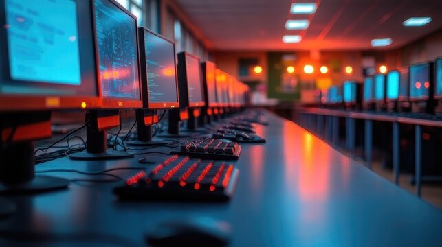 Row of computers in a classroom or lab