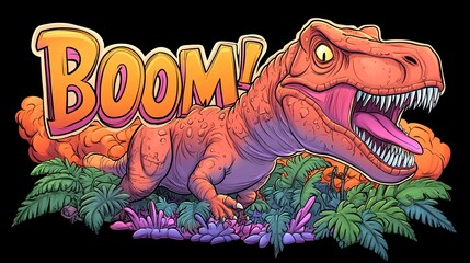 dinosaurs roar: colorful t-rex with explosive energy and jungle elements