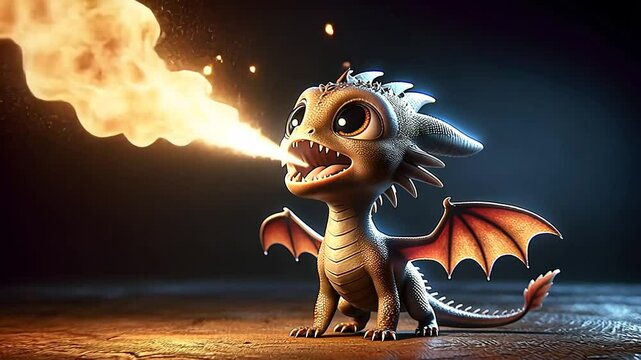 Kleiner feuerspeiender Drache steht in einer dunklen Landschaft