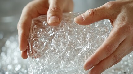 Fototapeta premium Fingers gripping a crinkled piece of bubble wrap, evoking a sensory stress-relief moment through touch and tactile satisfaction.
