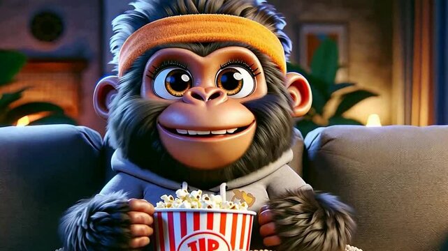 Affe isst Popcorn w&auml;hrend er gespannt zuschaut