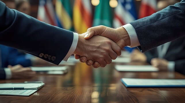  Diplomatic handshake between two international business leaders with flags in the background, symbolizing global cooperation, partnerships, and political agreements.