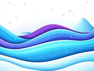 Abstract landscape with flowing waves of blue and purple, snow-capped mountains in background