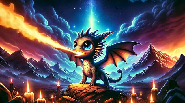 Kleiner feuerspeiender Drache steht auf einem leuchtenden Felsen