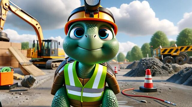 Baustellen-Schildkr&ouml;te tr&auml;gt Helm und Schutzweste auf einer Baustelle