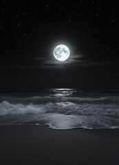 Fototapeta premium Full Moon Over Ocean Waves Under Starry Night Sky Serenity