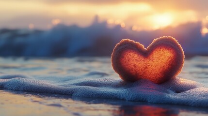 Fototapeta premium A heart sculpted from natural sand, resting on a smooth shoreline with waves gently touching 