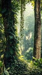 Obraz premium Tranquil forest scene featuring a wooden bench surrounded by lush greenery and tall trees