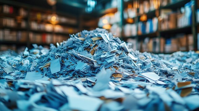  Pile of shredded paper filling a library, representing discarded knowledge, lost records, or bureaucratic overload in an academic setting.