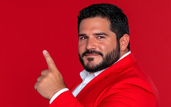 confident businessman in red suit gesturing success