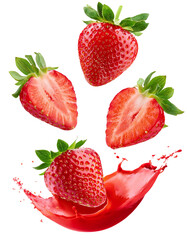 Ripe strawberries and strawberry juice splashing on transparent background