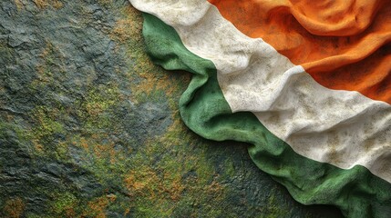  Close-up of Irish flag resting on textured rocky background, representing national pride, cultural roots, and historical significance with a rugged aesthetic.