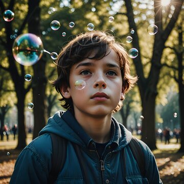 Ni&ntilde;o serio rodeado de pompas de jab&oacute;n en un parque