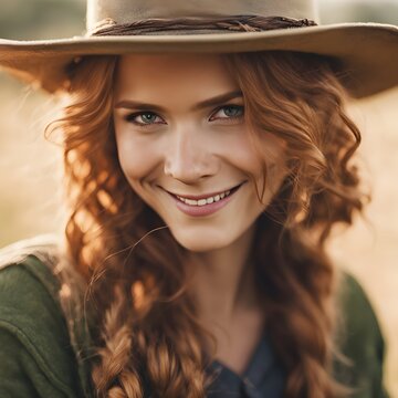 Hermosa mujer pelirroja con sombrero vaquero sonriendo