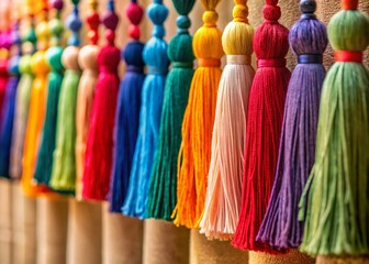 Colorful Craft Tassels: Vibrant Yarn Pompoms in a Row for DIY Projects