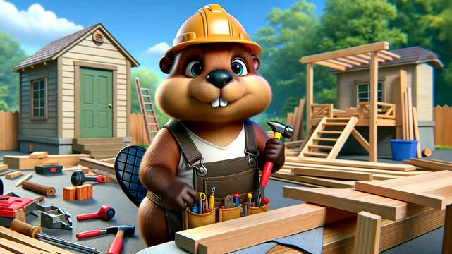 Biber mit Helm und Werkzeug auf einer Baustelle
